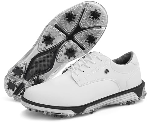 KESCOO Mens Golf Shoes Water Resistant Spiked Shoes Professional Non Slip Outdoor Golf Trainers Footwear, White 47