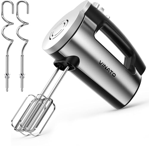 VINATO Frullino Elettrico a Mano, 300W Mixer con 6 Velocità, 2 Frullini e 2 Ganci Impastatori in Acciaio Inox per Mescolare Uova, Impasti e Dolci