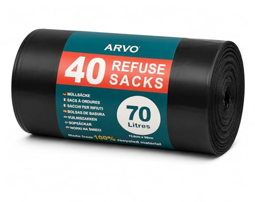 ARVO 70 L sopsäckar, 40 platt botten avfallspåsar på en rulle, 73 x 84 cm sopsäckar, 100% återvunna LDPE-soppåsar för kök, kontor och hushåll