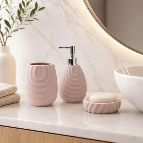 Virtime Set Accessori Bagno 3 Pezzi in Ceramica Lucida Modello Incas, Dispenser Sapone Liquido, Porta Spazzolini e Porta Saponetta (rosa)