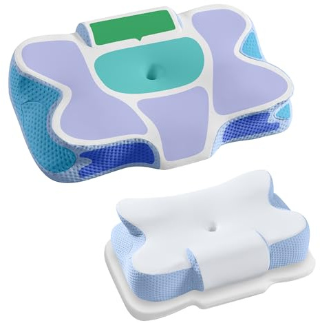 SONGMICS Cuscino Letto Cervicale, Memory Foam, Guanciale Ergonomico, Regolabile, per Chi Dorme sul Lato, sulla Schiena e sulla Pancia, con Tocco Fresco, Bianco Nuvola e Blu TBP051Q101