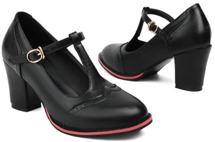 Women's Mary Jane Oxford Pumps T-Strap Round Toe Low Block Heels Black