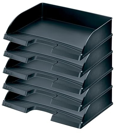 Leitz Briefkorb Querformat A4, 5er Pack, Briefablage in Premium-Qualität, Stapelbare Ablagefächer als Schreibtisch-Organizer, Kombinierbar mit Plus-Serie, Schwarz, 52180095