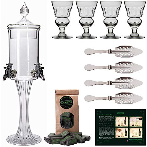 ALANDIA Assenzio Fontana Vetro Absinthe 4x Bicchiere | 4x Cucchiaio |1x Zucchero