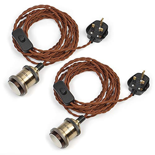 ASCELINA Vintage Pendant Light with Plug, 5 Meter Plug-in Hanging Light Cord with Industrial E27 Lamp Holder, On/Off Switch (Antique Brass, 2 Pack)