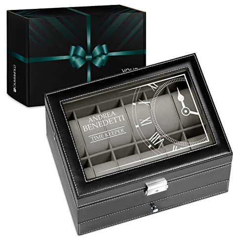 Maverton Cofanetto Porta Orologi e Gioielli con 12 scomparti e 1 cassetto - Custodia Orologi - Coperchio in vetro - Fodera in velluto - incisione personalizzata - regalo uomo - Time Keeper