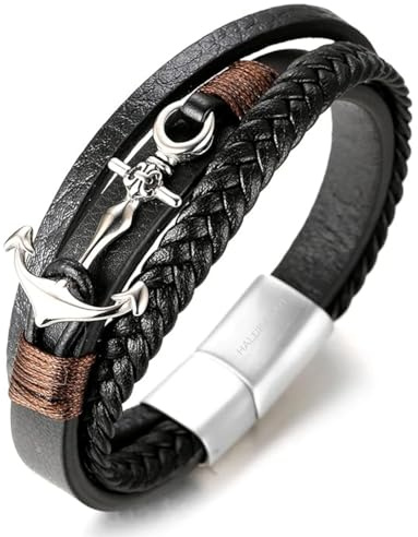 HALUKAKAH Niños ● Vela Junior ● Niños Piel Genuina Trenza Hecha a Mano Ancla Pulsera 13-16 Años. Titanio Cierre Magnético de Plateado Mate 18cm con Caja