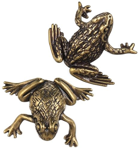 Brass Frog Figurine, 2pcs Small brass Animal Figurines for Home Decor - Copper Feng Shui Frog figurines Animal Statues Ornaments for Garden Potted Plants, Landscaping, Bookshelf, Hearth, 1.18in