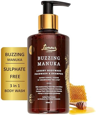 L'amour Natural | Buzzing Manuka | Luxury Body Wash, Face Wash & Shampoo | Essential Oils | Sulphate Free | Gentle for dry and sensitive skin | 250mL