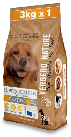 Yerbero Nature Digestive, Pienso Hipoalergénico para Perros Adultos, Alimento Monoproteico de Pollo, Low Grain, con Arroz, Omega 3, Sin Gluten, 3kg