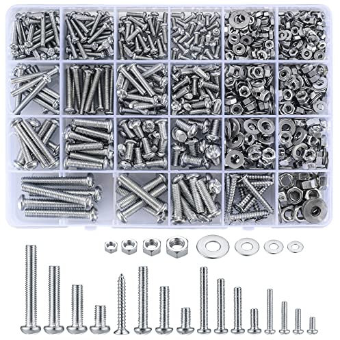 Yukaiwn 900 g/0.9 kg Round Head Screws & Nuts & Washers Assortment Kit, M3/M4/M5/M6 Stainless Steel Head Hex Socket Button Head Cap Bolts Nuts Washers, Cross Pan Head Machine Screws Bolts & Nuts