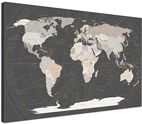 Weltkarte-Pinnwand als Leinwandbild zum pinnen der Reisen - World Map Grey - italienisch - Landkarten-Wandbild Globus in grau, 60 x 40 cm