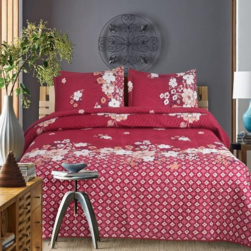 Hadi London Lot de 3 couvre-lits matelassés en patchwork avec 2 taies | Imprimé floral réversible | Confort de couette légère | Convient aux lits doubles et king size 220 x 240 cm | 30 motifs uniques
