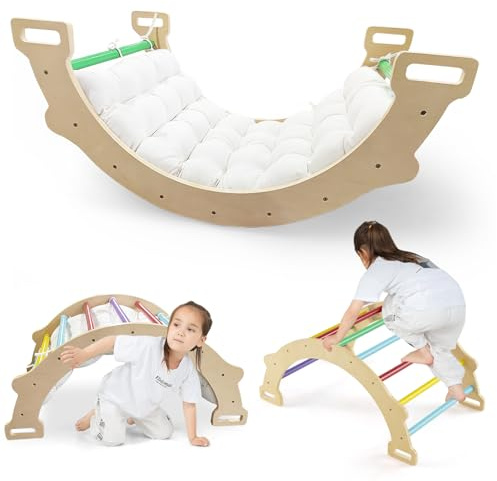 DREAMADE Arche à Bascule 2-en-1 en Bois pour Enfants 1+ Ans, Triangle d’Escalade avec Coussin Confortable pour Tout-Petits, Arche de Jeu d'Équilibre, Utilisable Intérieur (Multicolore)