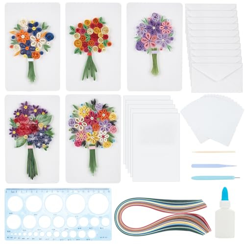 WEBEEDY Paper Quilling Kit 20 Sets Flower Bouquet Greeting Card Making Kit with Quilling Strips Ruler Tools Paper Quilling Set DIY Handmade Arts Crafts Wedding Valentine's Day Birthday Gifts