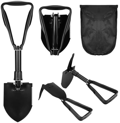 Huiguli Pala Plegable Multifuncional 47 cm, Camping Portátil Pala Plegable 4 en 1, Pala Plegable de Acero Alto Carbono para Caming Jardín Aventura Coche Emergencia Supervivencia Zanjas Pesca