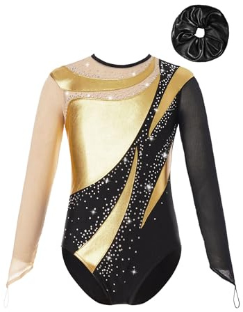 inhzoy Body Ginnastica Artistica Bambina Manica Lunga Balletto Leotards da Danza Classica con Strass Abito da Pattinaggio Artistico Body da Ginnastica Ritmica Performance Oro&Nero 7-8 anni