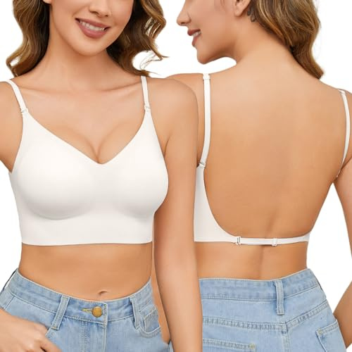 Niwicee BH Damen Ohne Bügel Rückenfreier Plunge BH Push Up Sexy Bügelloser Seamless Nahtloser BHS Soft Tshirt Schlaf Bra V-Ausschnitt Klassische Bar Weiß-S