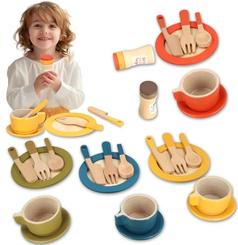 26pcs Afternoon Wooden Tea Set for Toddler, Pretend Play Food Party Set with Play Dessert Tray and Cup Set kitchen Accessories, Kitchen Dish Kids Role Play Gift for Age 3+ Years Girls Boys