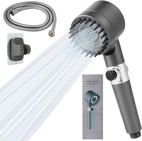 Duschkopf mit Schlauch und Halterung, Duschkopf Wassersparend, Duschkopf mit 1.5M Schlauch, Gunmetal Grau Duschbrause und Halterung, Ohne Bohren, 3 Strahlarten Handbrause, Hochdruck Regendusche