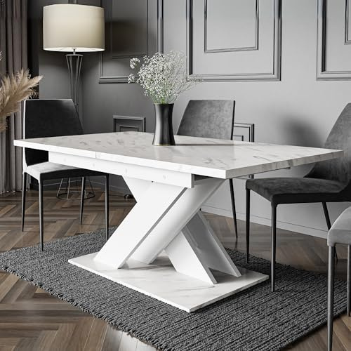 PROROOM FURNITURE - Onyx Table - Esstisch - Rechteckig - 140x80x75 cm - Ausziehbar auf 180 cm - Säulentisch - mit X-Gestell - Modern - für Esszimmer, Küche, Wohnzimmer, Salon (Weiß Marmoroptik)