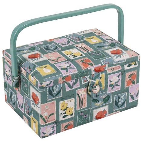 Hobby Gift Medium Sewing Box Organiser with Handle - Cotton Basket Sewing Storage Box, Craft Storage Boxes with Compartments for Tools & Accessories - 18.5 x 25.5 x 14.5cm, Embroidered Stamps