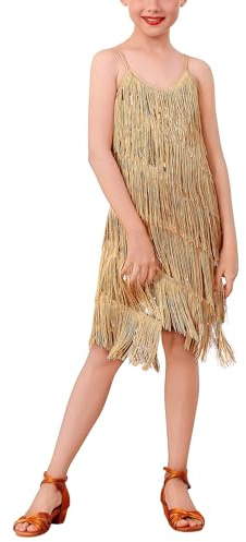 EFOGEP Robe latine à paillettes scintillantes avec franges pour filles enfants - Sans manches - Vintage - À étages - Robes à franges - Salle de bal - Fête - Cha Cha - Jazz - Ballet - Danse - Robe de