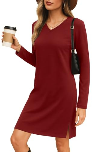 PrinStory Robe pour femmes UK Hiver Manches longues Pull Robe mi-longue avec Poche latérale Longueur genou Coupe régulière Robe pull, rouge vin, S