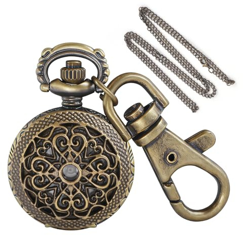 Tiong Exquisite Symmetrical Heart-Shaped Pierced Men's Quartz Pocket Watch Keychain, Portable Round Watch with Chain and Arabic Numerals