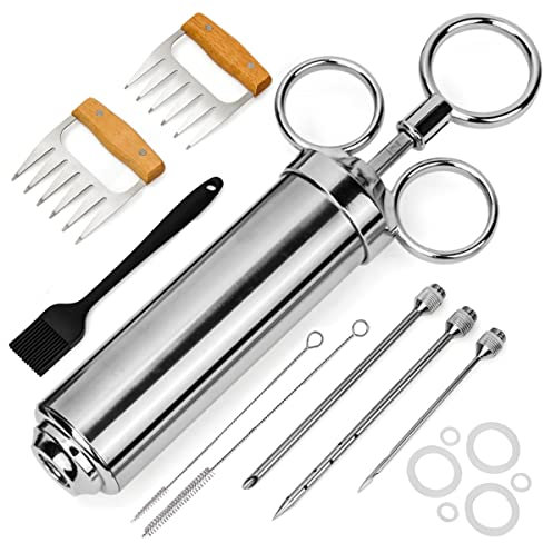 ZITFRI Siringa per Marinata in Acciaio Inox Artigli per Carne Siringa Arrosti 60ml con 3 Aghi Diversi e 1 Pennello da Cucina