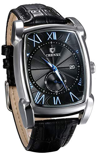 JewelryWe Men Watches Square Calendar Quartz Watch Genuine Leather Strap Wristwatch