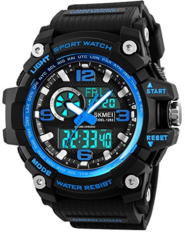SKMEI Digitale Herren-Sportuhr, 50 m wasserdicht, Militär-Uhren, LED-Bildschirm, großes Zifferblatt, Stoppuhr, Wecker, Armbanduhr, Blau, Digital