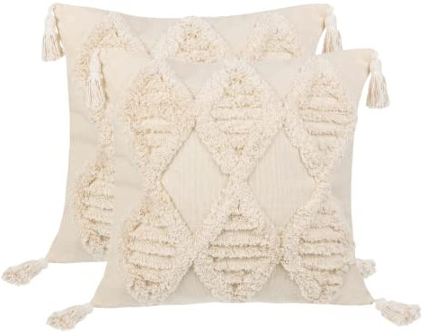 Mia Milano Boho Deko Kissenbezüge I Zwei Beige Kissenhüllen aus 100% Baumwolle mit Quasten I Outdoor Kissen in Naturfarben 45cm x 45cm I Dekokissen für Sofa