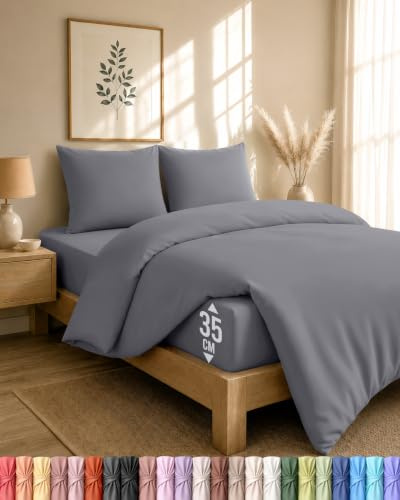 Utopia Bedding 4 Piece Sängkläder Set - Mjuk Borstad Microfiber Polyester - Påslakan (200x200cm), Spännlakan (140x200cm) med Kuddfodral (80x80cm), Grå | Påslakan 200 x 200 cm, Savannah Bajera 140 x 200 cm och örngott 80 x 80 cm, mjuk borstad mikrofiber