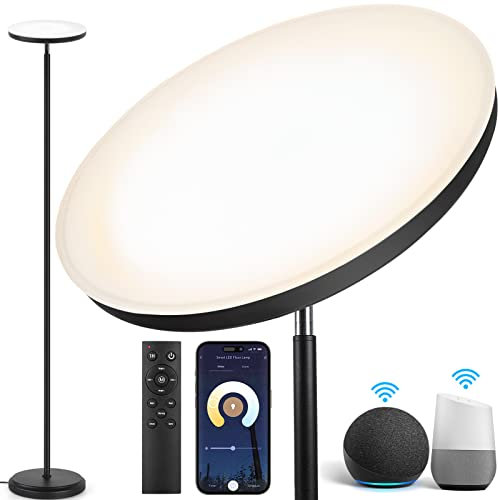 OUTON Smart LED Stehlampe 30W 3000LM, WiFi Dimmbar Standleuchte Kompatibel mit Alexa & Google Assistant, App-Steuerung, Fernbedienung, Deckenfluter für Wohnzimmer Schlafzimmer Büro, Schwarz