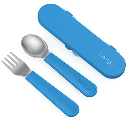 Bentgo Kids Stainless Steel Utensil Set - Reusable Fork, Spoon & Storage Case, PFAS- & BPA-Free, Easy-Grip Handles, Lightweight, Dishwasher Safe, School Lunch, Travel & Outdoors (Blue)