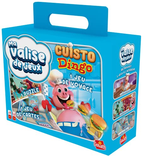 Cuisto Dingo Multi-Games resväska - Rigolo Barnbrädspel - Från 4 år - Familj resespel med 1 kortspel, 1 pussel - Lätt att bära - 1 till 4 spelare