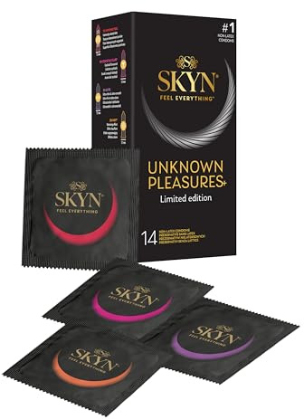 Skyn Unknown Pleasures+ : Boîte de 14 préservatifs masculins sans latex / 2x Intense Feel texture intensément perlée, 8x goût de cocktails, 2x Elite ultra-fins et ultra-doux, 2x effet chauffant