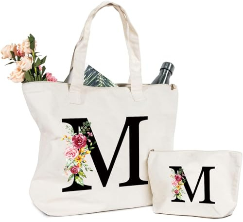 Letras Personalizadas Bolsa de lona, Bolso Tote de Mujer con Inicial y Flores Bolsa de Compras con Bolsillo Interior Alfabeto Bolso de Cosméticos Regalos para Damas Amigas Mamá Regalo Cumpleaños(M)
