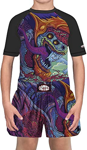 O2TEE Boys BJJ Rash Guards MMA Shorts No Gi Sets for Team Training Competition,Cartoon XS (Age 5)