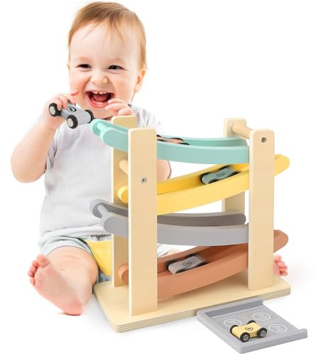 Wooden Car Ramp Toys for 1 2 3 Year Old Boys Girls Toddler Race Track Toys with 4 Cars and a Car Garages, Birthday for Kids