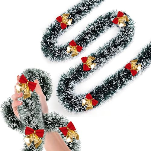 Lot de 5 guirlandes de sapin de Noël vert givré avec nœuds rouges et dorés – Serpentins métalliques enneigés, 200 cm de long x 9 cm de large – Décorations de vacances et de fête pour