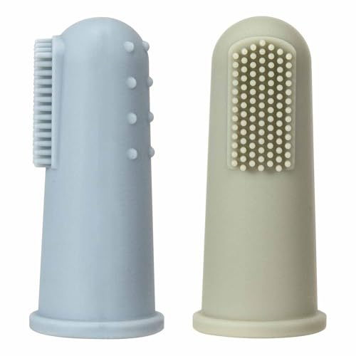 Baby Finger Toothbrush, Food Grade Silicone Tooth Cleaner, 0-2 Years Infant Toddler Soft Silicone Training Aid BPA Free, 2 Pack (Sage+Ether)