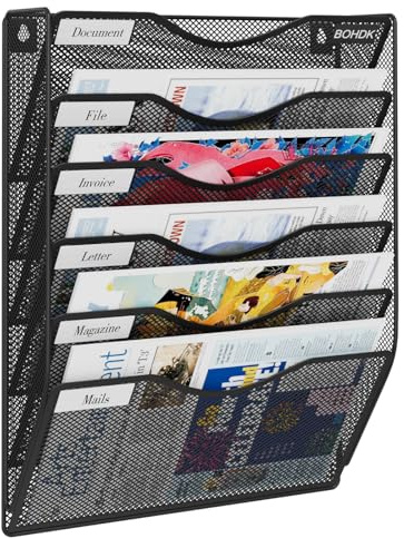 BOHDK Wall File Organizer, 6 Tier Hanging File Folder Mail Organizer, Vertical Mesh Metal Wall Mount Hanging File Holder, Paper Document Magazine Rack for Home Office Black
