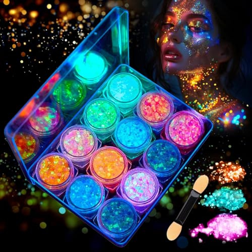 VIBINHO 12 Couleurs Lumineuse Paillettes Gel, Fluorescent Paillette,Maquillage Festival, Paillettes Gel Visage pour Festival et Mascarade