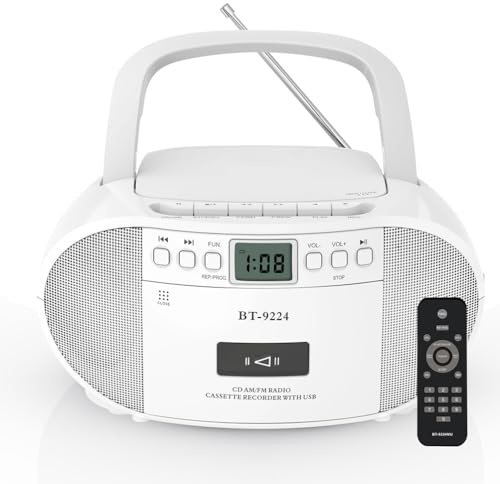 Multifunktionell bärbar boombox med Bluetooth, USB-uppspelning, AM/FM-radio, CD- och kassettspelarkombination, fjärrkontroll, AC/batteridriven för hem- och utomhusbruk