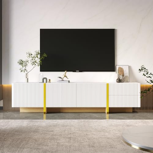 FammyLoft 190cm TV Unit with 2 Drawers and 3 Doors, Modern TV Stand Cabinet, Entertainment Unit for Living Room, Multiple Storage Spaces, White and Gold