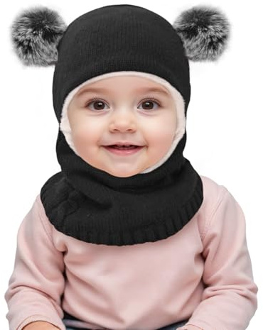 HZHSGLY Kids Winter Hat, Toddler Winter Hat Warm Baby Earflap Beanies Hood Windproof Balaclava Neck Warmer Scarf with Double Pom for Toddler Boys Girls 2-8 Years (Black)