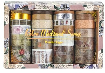ARYIMYDP 24 Rotoli di Nastro Washi Vintage in Stile Medievale, Nastro Adesivo Decorativo per Scrapbooking, Diari e Fai da Te, con Elegante Scatola Regalo