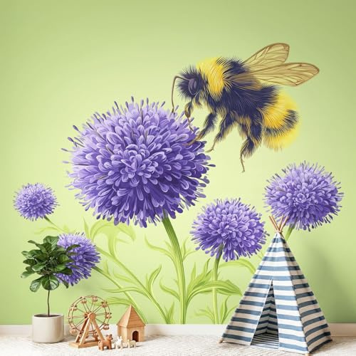 Carta da parati naturale fresca, motivo api viola, fiori sferici, verde, decorazione da parete, 300 x 210 cm